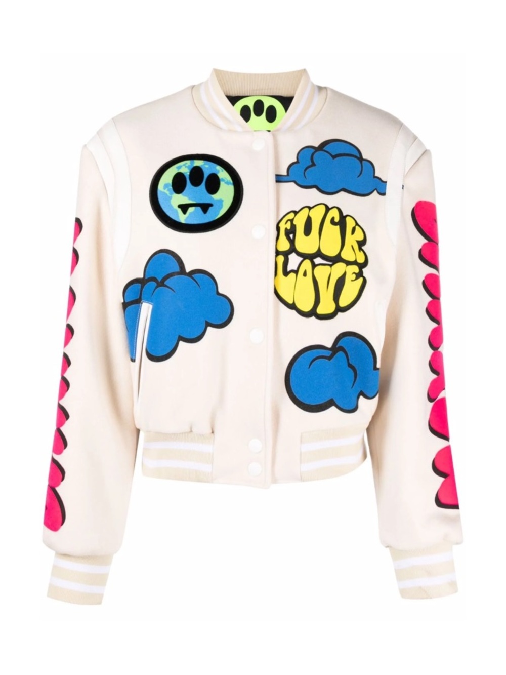 Kids Cream Graphic Bomber Jacket with Blue & Pink Accents